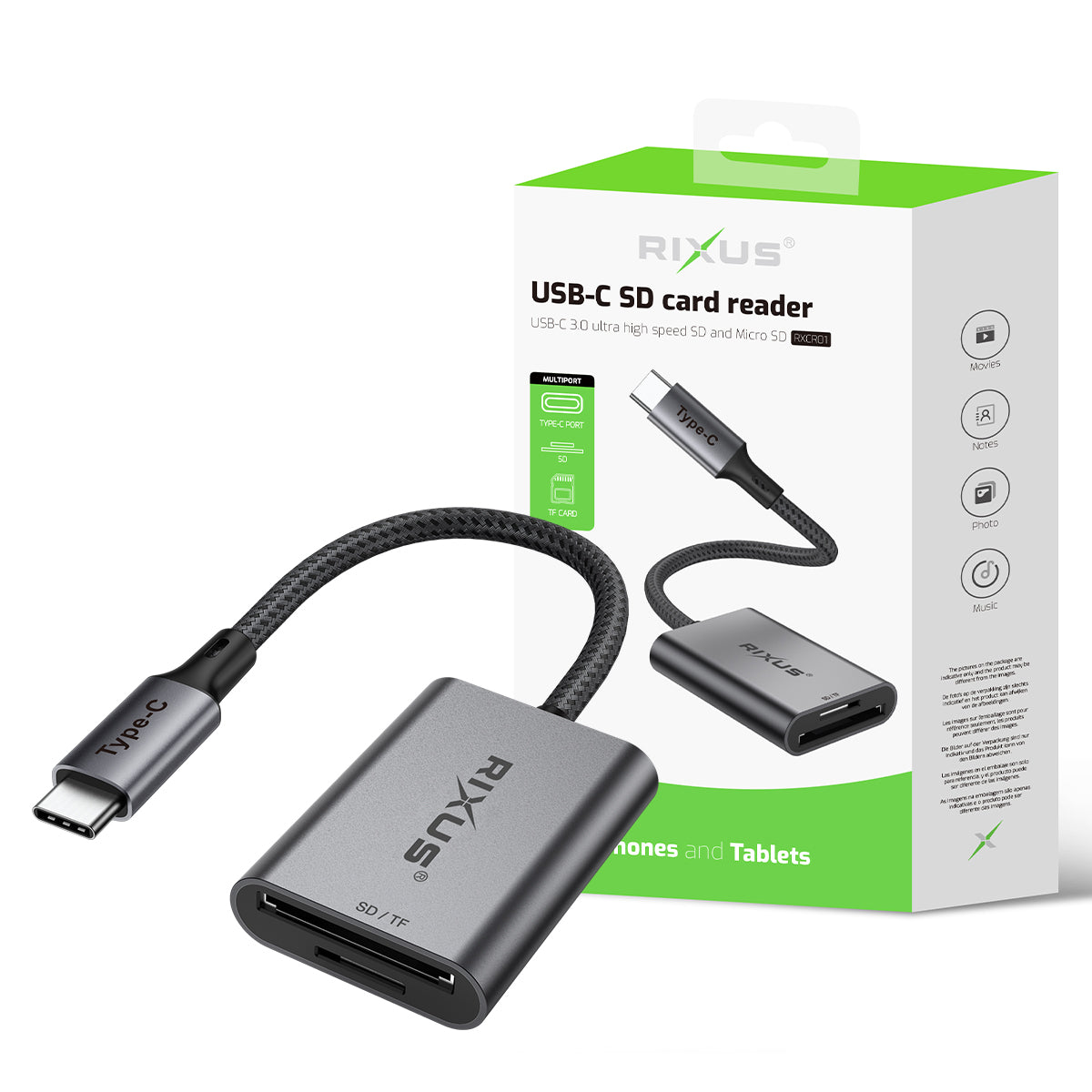 Rixus RXCR01 USB-C To SD/TF Card Reader Adapter Space Gray