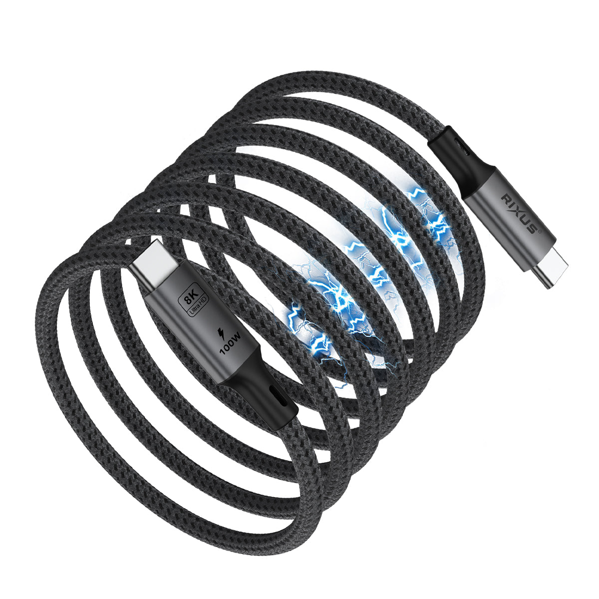 Rixus RXUC03 Magnetic USB-C 4.0 To USB-C Cable Easy Roll Up 1.5m 100W Space Gray