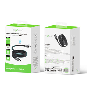 Rixus RXUC03 Magnetic USB-C 4.0 To USB-C Cable Easy Roll Up 1.5m 100W Space Gray