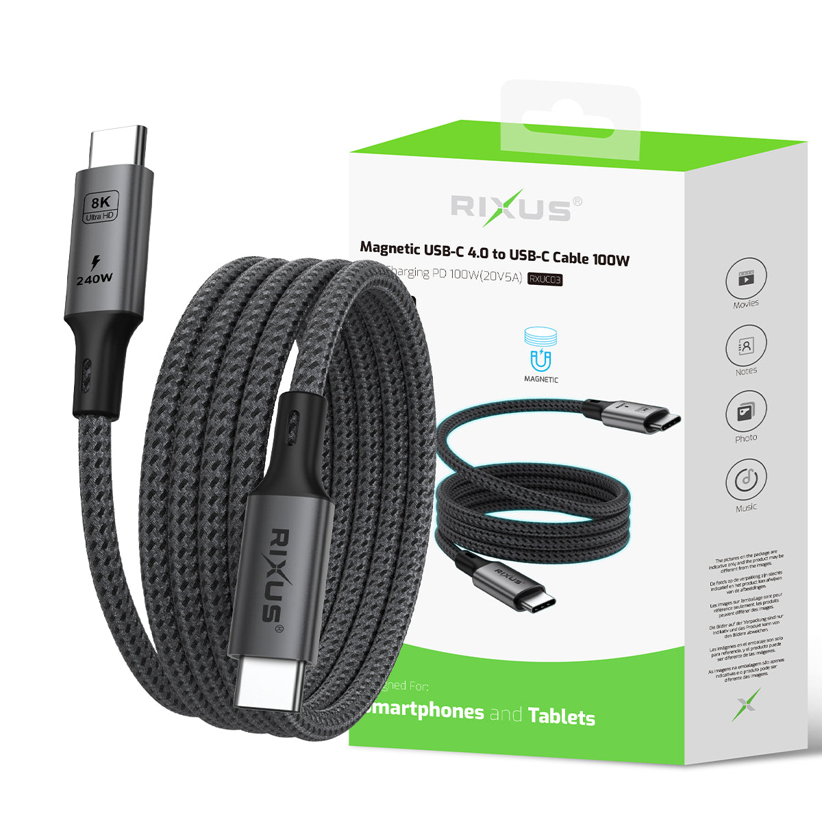 Rixus RXUC03 Magnetic USB-C 4.0 To USB-C Cable Easy Roll Up 1.5m 100W Space Gray