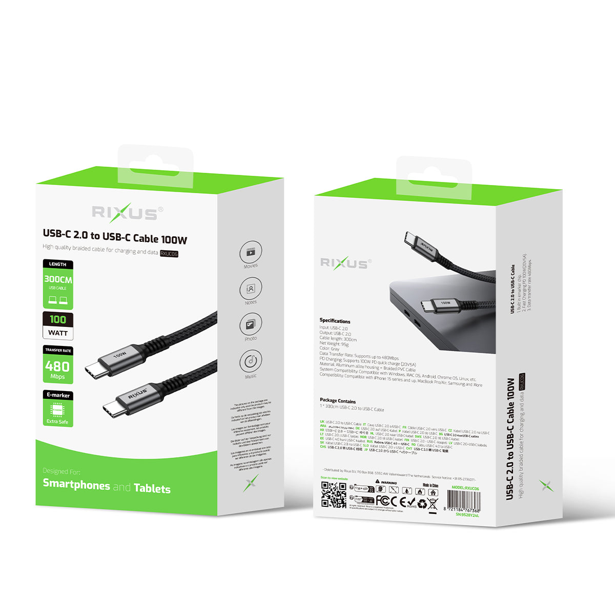 Rixus RXUC06 USB-C 2.0 To USB-C Cable 3m 100W Space Gray