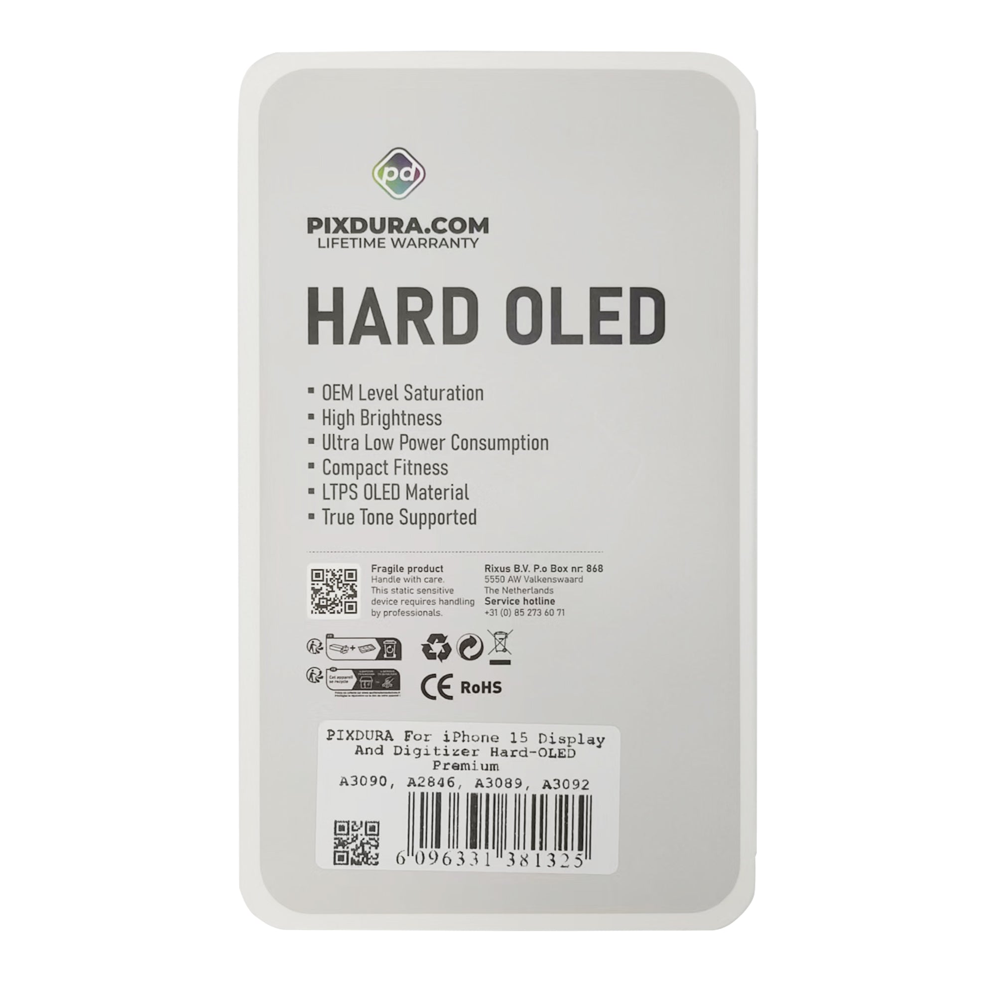 PIXDURA For iPhone 15 Display And Digitizer Hard-OLED Premium (IC Removable)