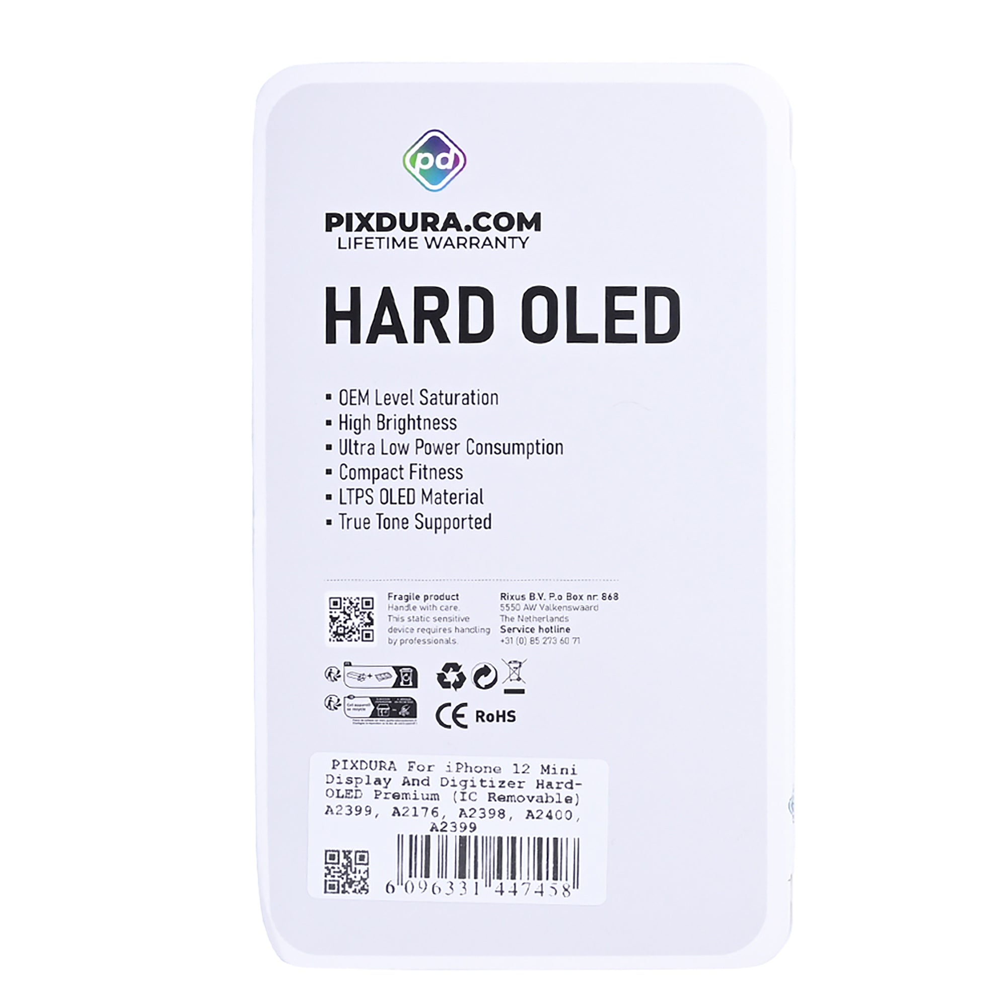 PIXDURA For Apple iPhone 12 Mini Display And Digitizer Hard-OLED Premium (IC Removable) (90Hz)