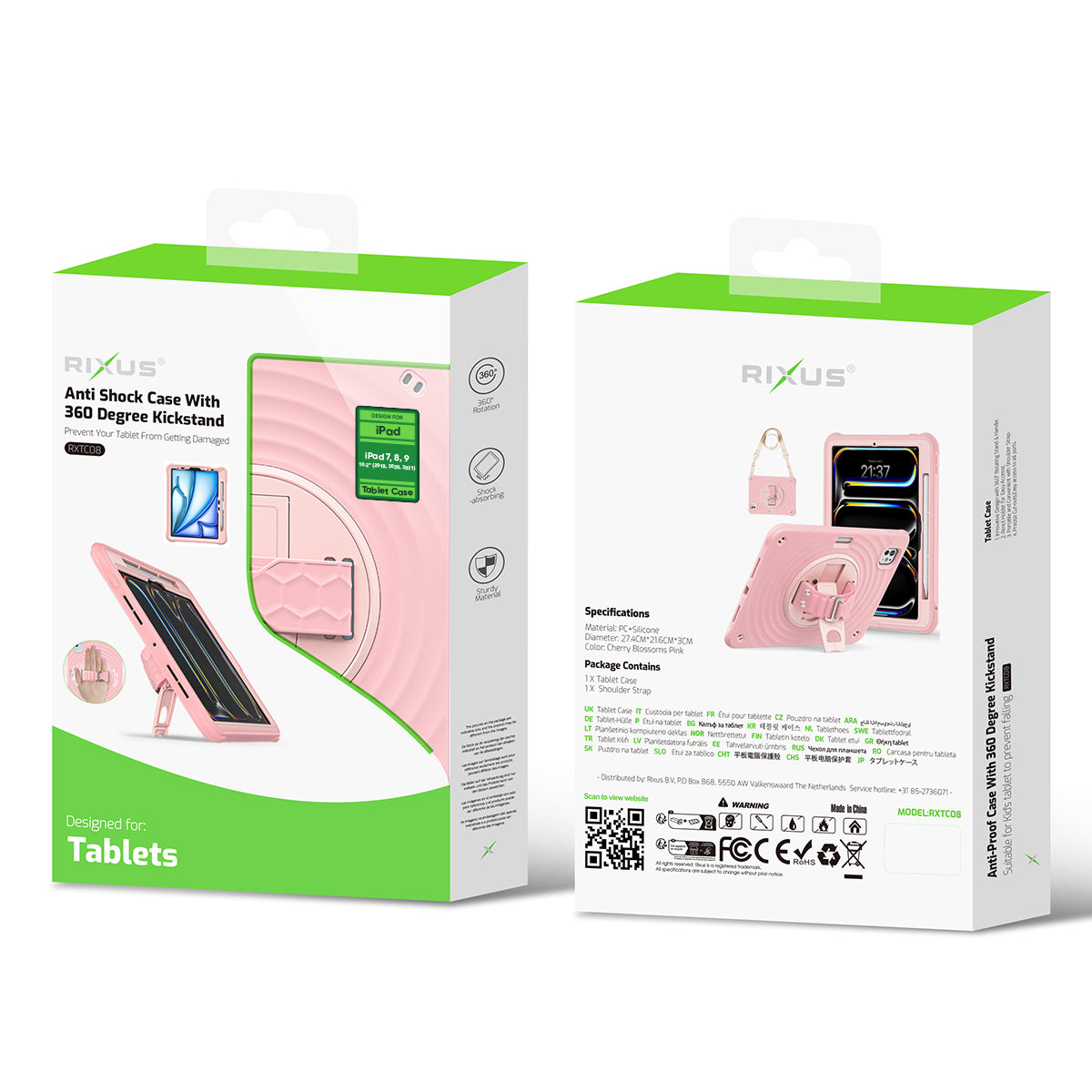 Rixus RXTC08 Anti Shock Case For Apple iPad 7, 8, 9 10.2 inch (2019, 2020, 2021) Cherry Blossoms Pink