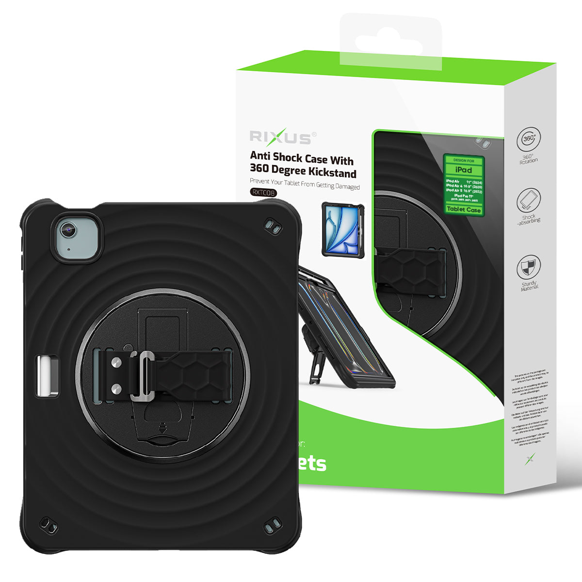Rixus RXTC08 Anti Shock Case For Apple iPad Air 11 inch (2024), Air 4 10.9 inch (2020), Air 5 10.9 inch (2022), Pro 11 inch (2018, 2020, 2021, 2022) Black