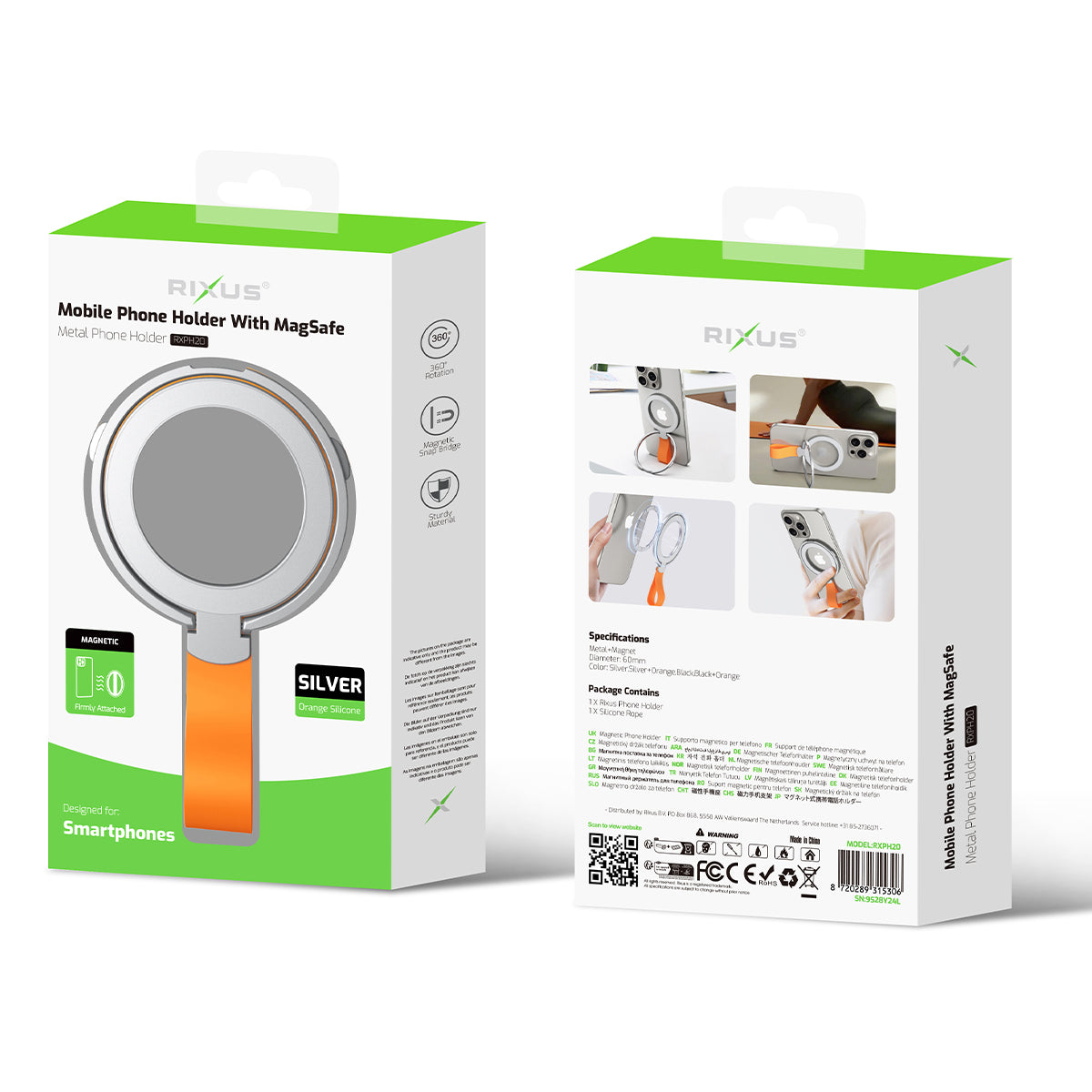 Rixus RXPH20SO Mobile Phone Holder With MagSafe Silver And Orange