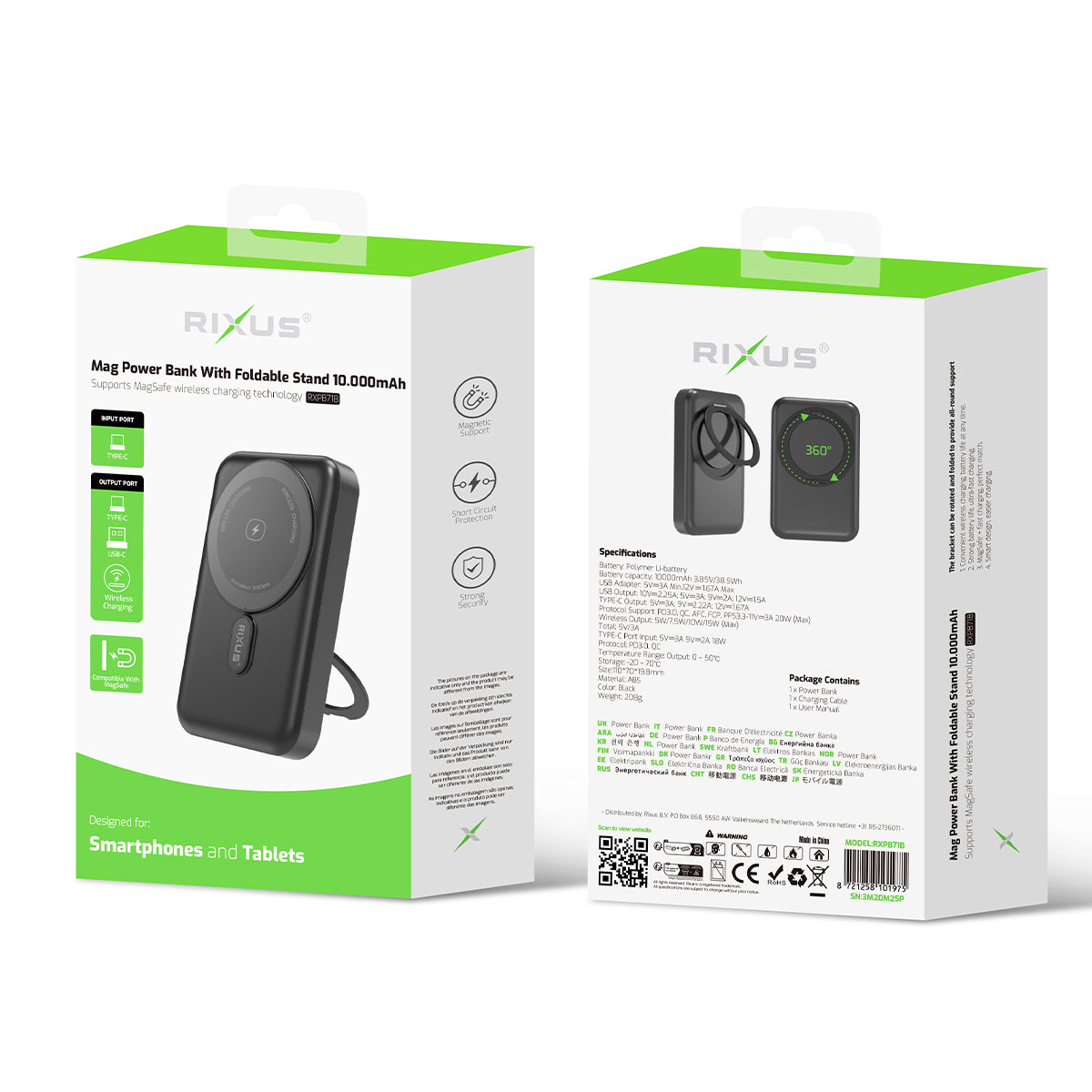 Rixus RXPB71B MagSafe Powerbank 10.000mAh With Foldable Stand Black