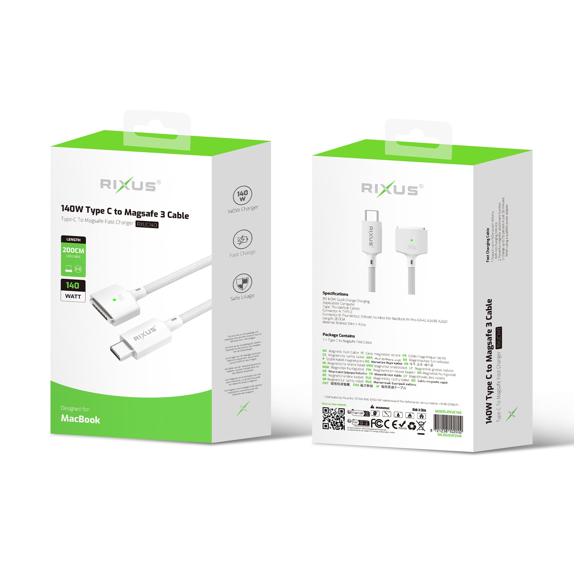 Rixus RXUC140 USB-C To MagSafe 3 Cable 140W White