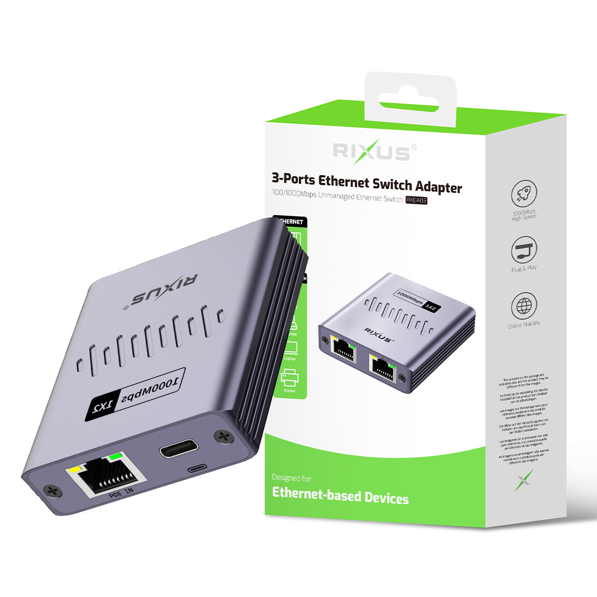 Rixus RXEA03 3-Ports Ethernet Switch Adapter Gray