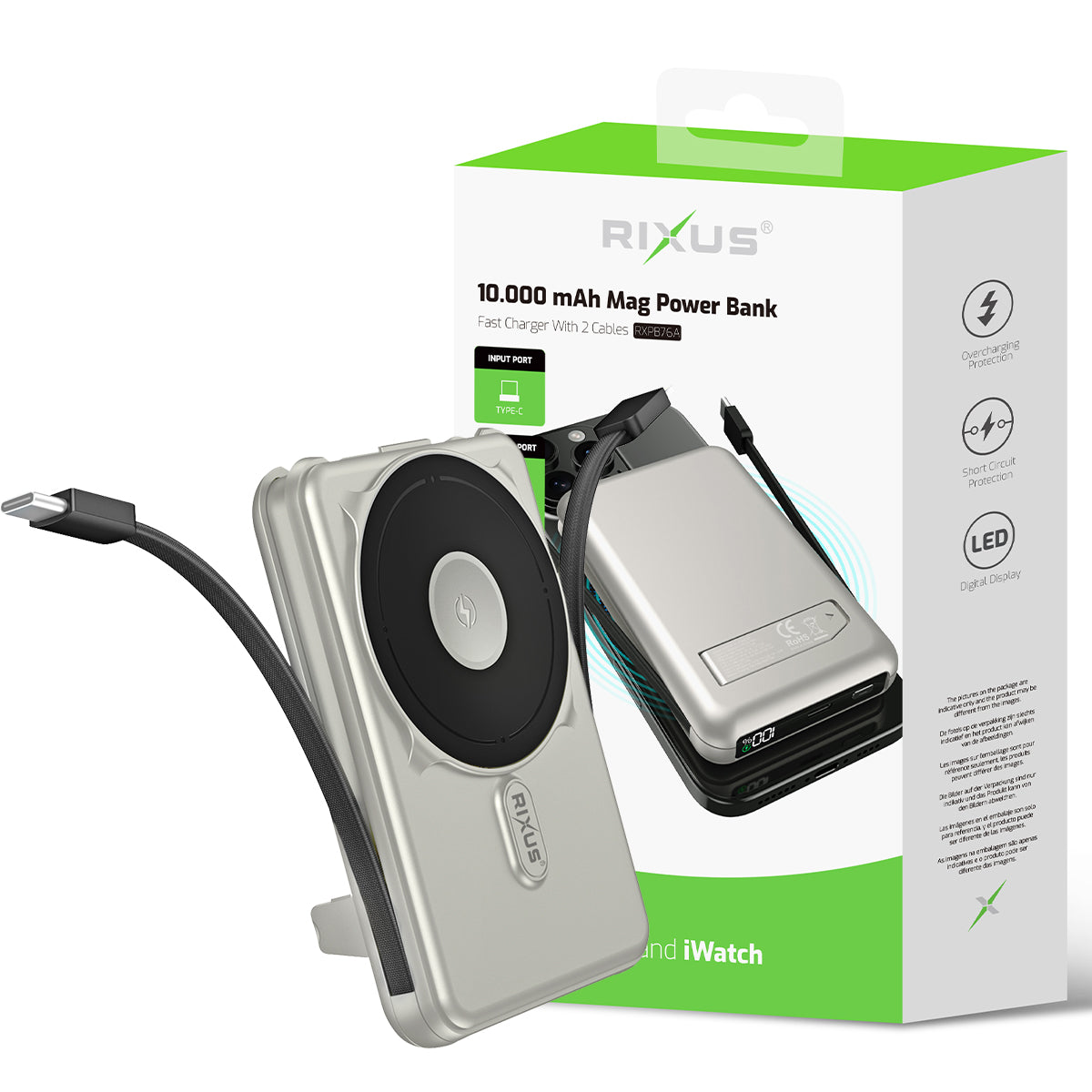 Rixus RXPB76A MagSafe Powerbank 10.000mAh With Built-in Cable Silver