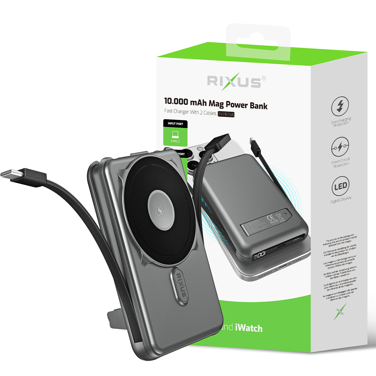 Rixus RXPB76B MagSafe Powerbank 10.000mAh With Built-in Cable Gray