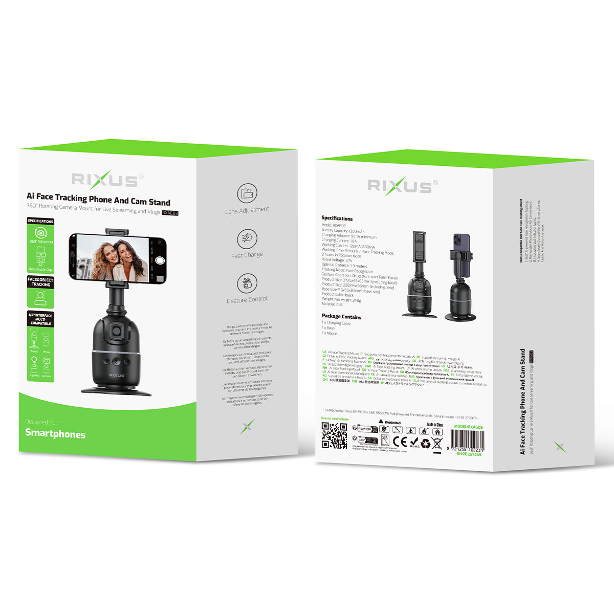 Rixus RXAG03 Auto Face Tracking For Vlog, Video, Tik Tok Black