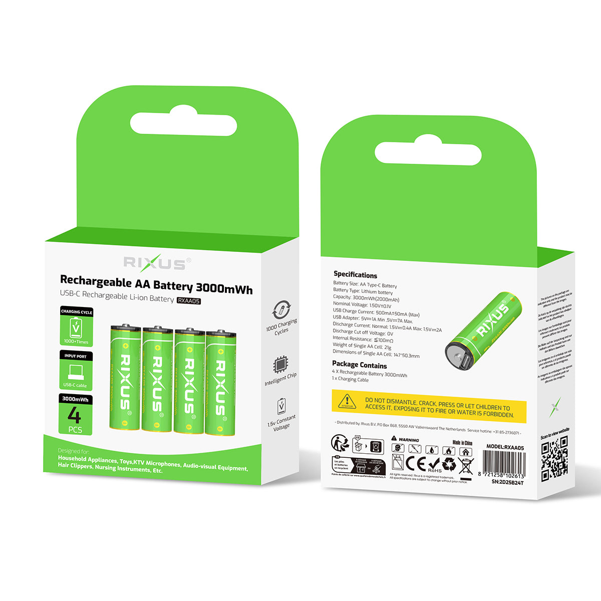 Rixus RXAA05 Rechargeable AA Battery 3000mWh With USB-C Cable 4-Pack