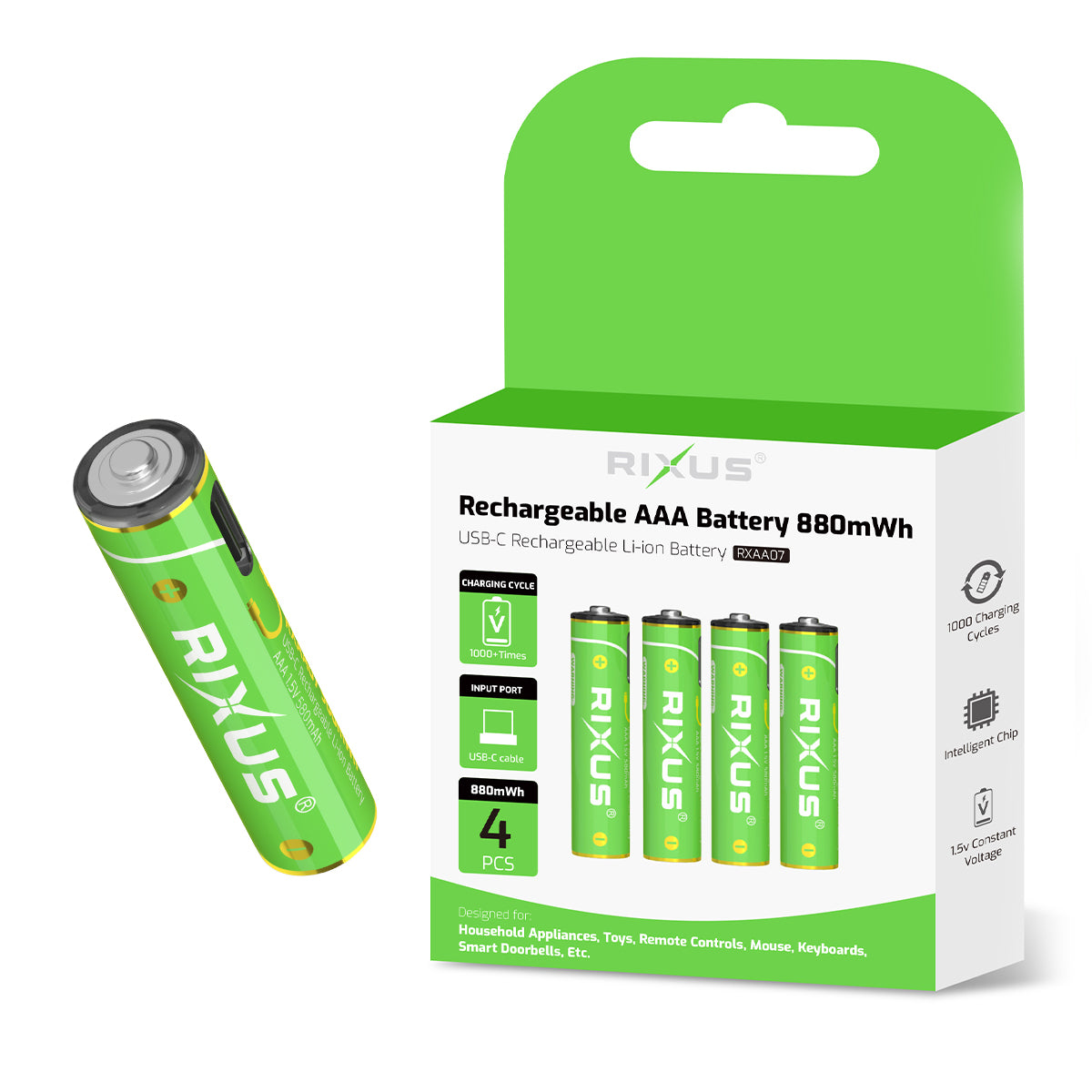 Rixus RXAA07 Rechargeable AAA Battery 880mWh With USB-C Cable 4-Pack