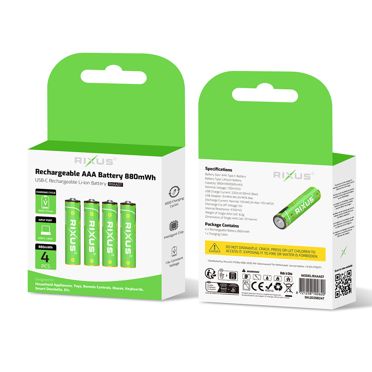 Rixus RXAA07 Rechargeable AAA Battery 880mWh With USB-C Cable 4-Pack