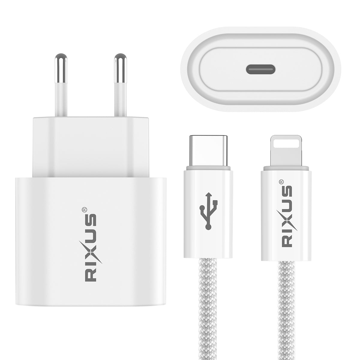 Rixus RXHC30L Fast Charger USB-C To Lightning Cable 1.8m 30W White