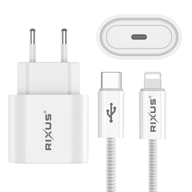 Rixus RXHC20L Fast Charger USB-C To Lightning Cable 1.8m 20W White