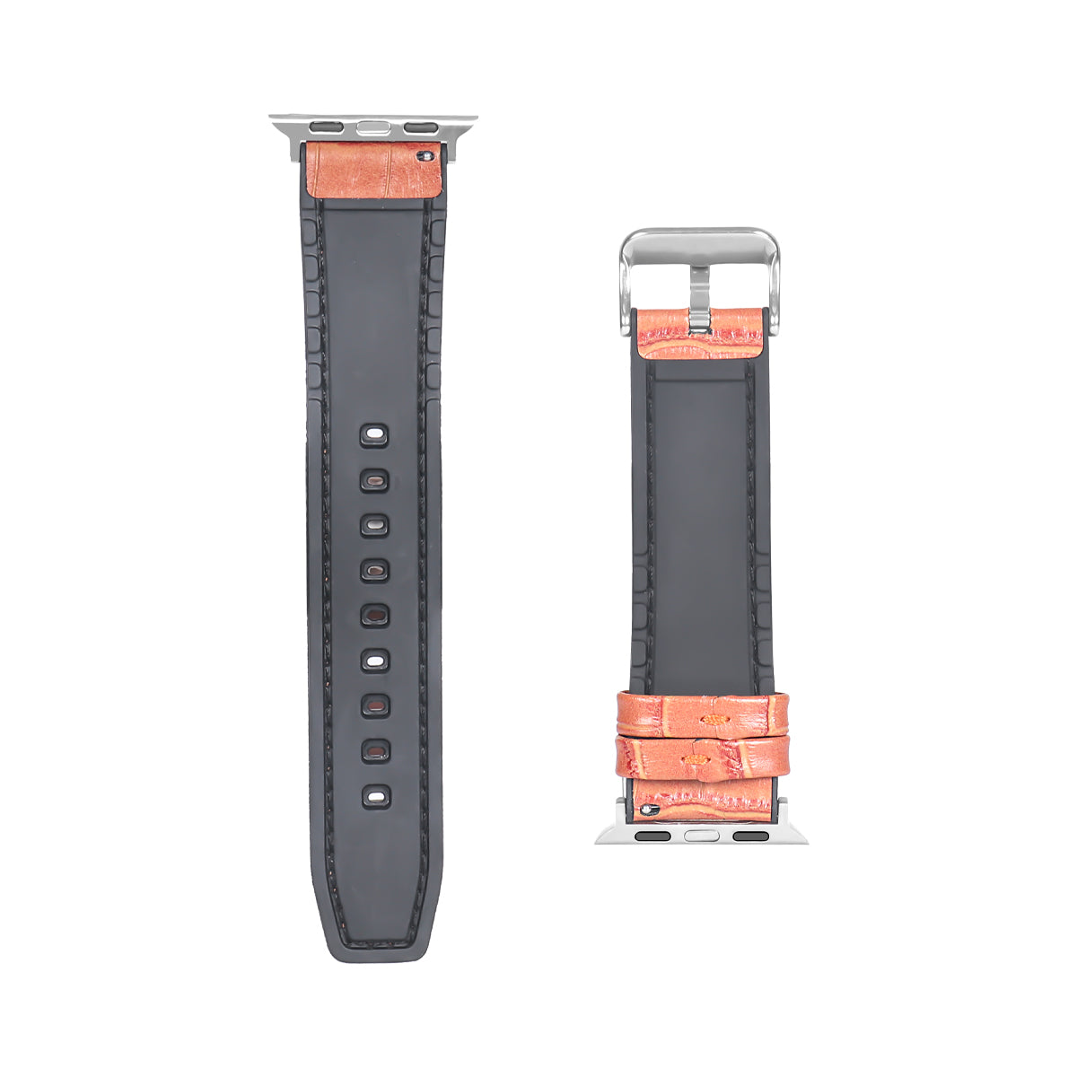 Silicone And Leather Band Alligator Grain For Apple Watch 42mm, 44mm, 45mm, 49mm Light Brown Retail Box