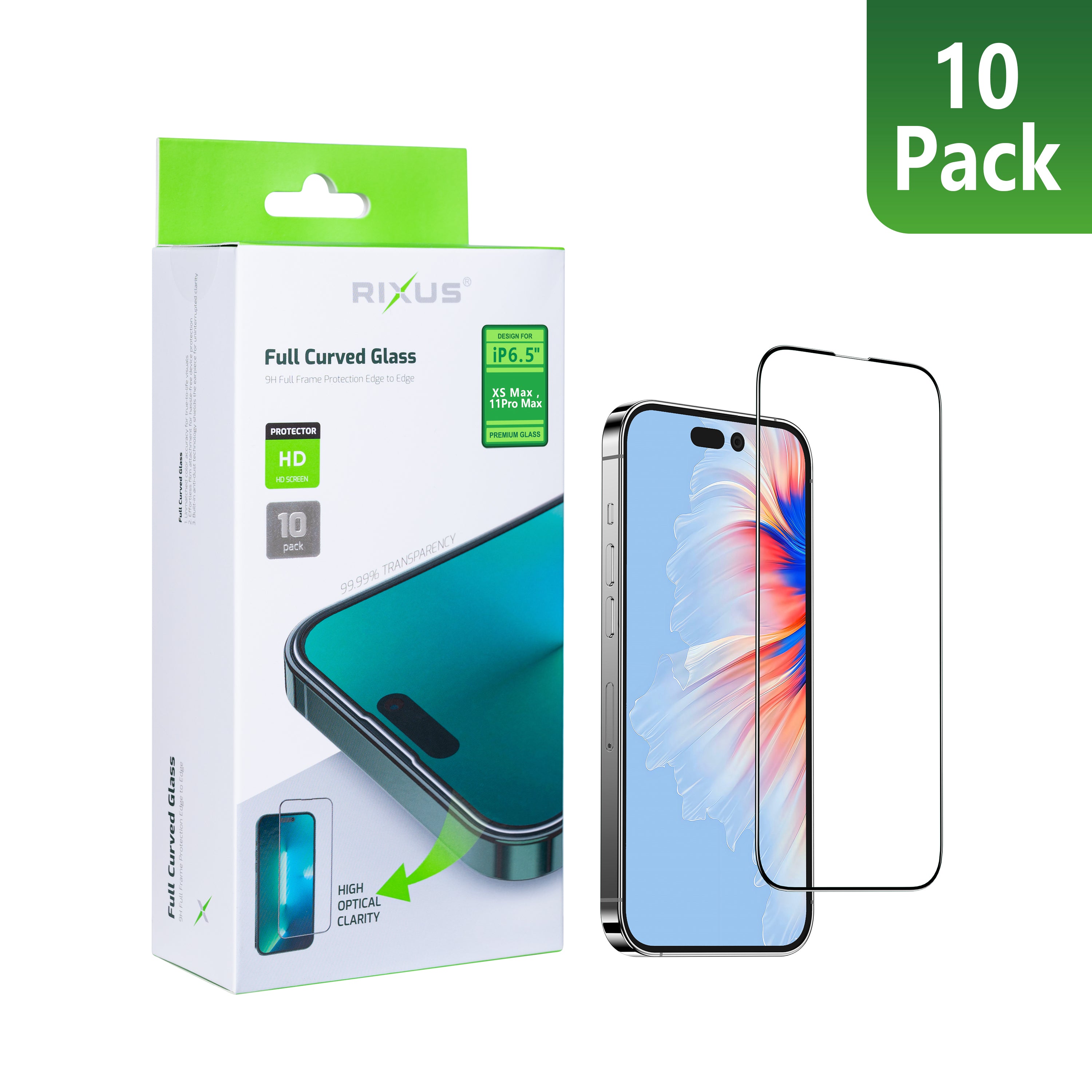 Rixus Clear HD Full Curved Edge Tempered Glass For Apple iPhone XS Max, 11 Pro Max (10-Pack)