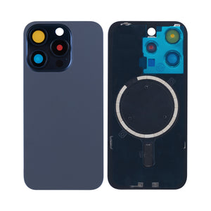 For Apple iPhone 15 Pro Max Back Glass Without NFC, Enlarged Camera Frame Blue Titanium Compatible