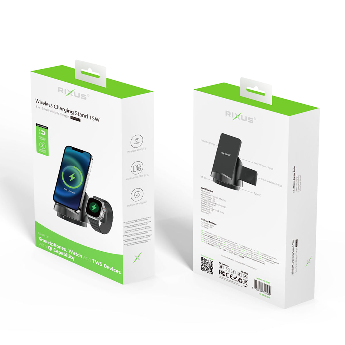 Rixus RXWC57 3 in 1 Wireless Fast Charger Stand Black