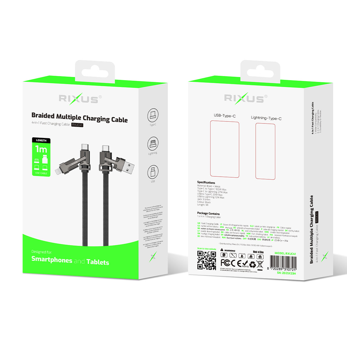 Rixus RXUC41 Flat Braided Multi Cable 1m Black