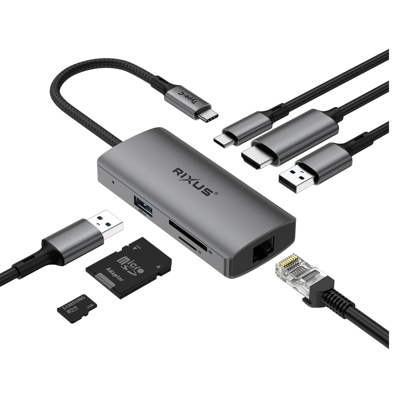 Rixus RXHU08 USB USB-C To Ethernet Adaptor With Docking Station Grey