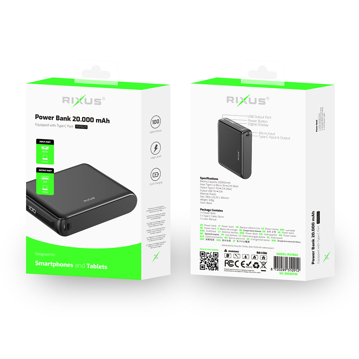 Rixus RXPB25 Compact Powerbank Digital Display 20.000mAh Black
