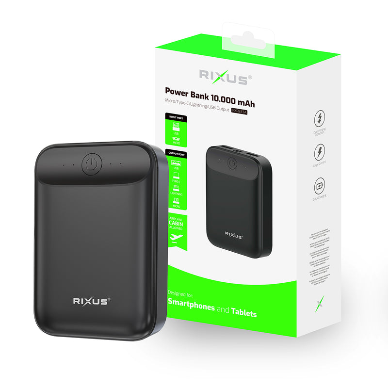 Rixus RXPB33A Ultra-Compact Power Bank 10000 mAh Black