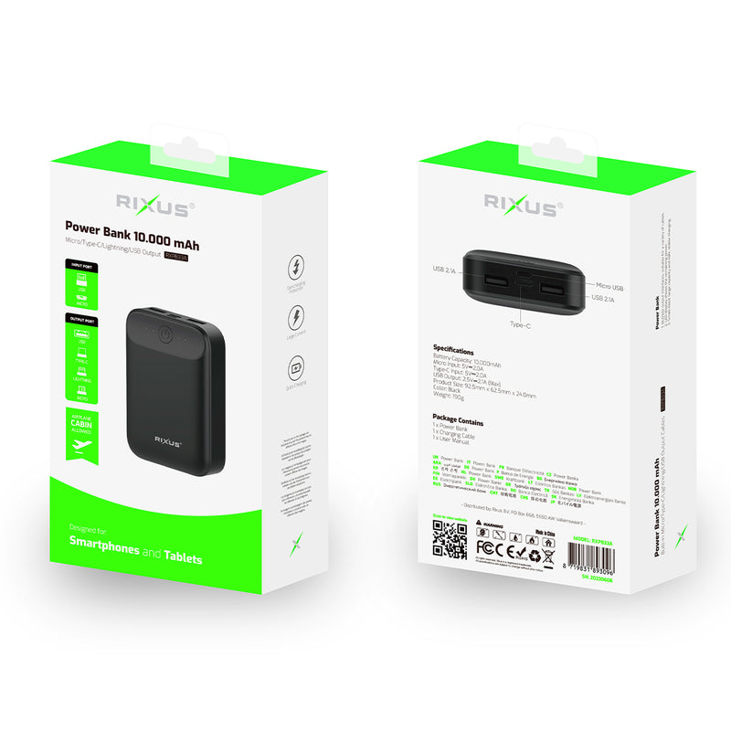 Rixus RXPB33A Ultra-Compact Power Bank 10000 mAh Black