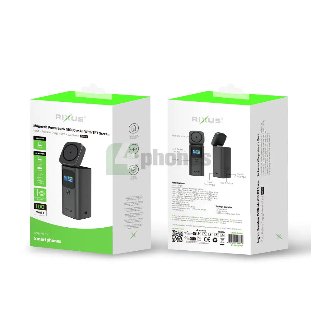 Rixus RXPB15 Magnetic Powerbank With TFT Screen 15.000mAh 100W Dark grey Powerbank