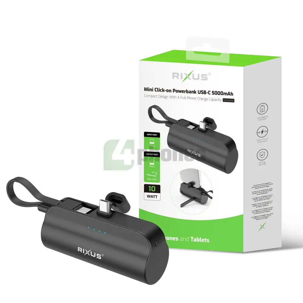 Rixus RXPB98B Mini Click-On Powerbank USB-C 5000mAh Black Powerbank