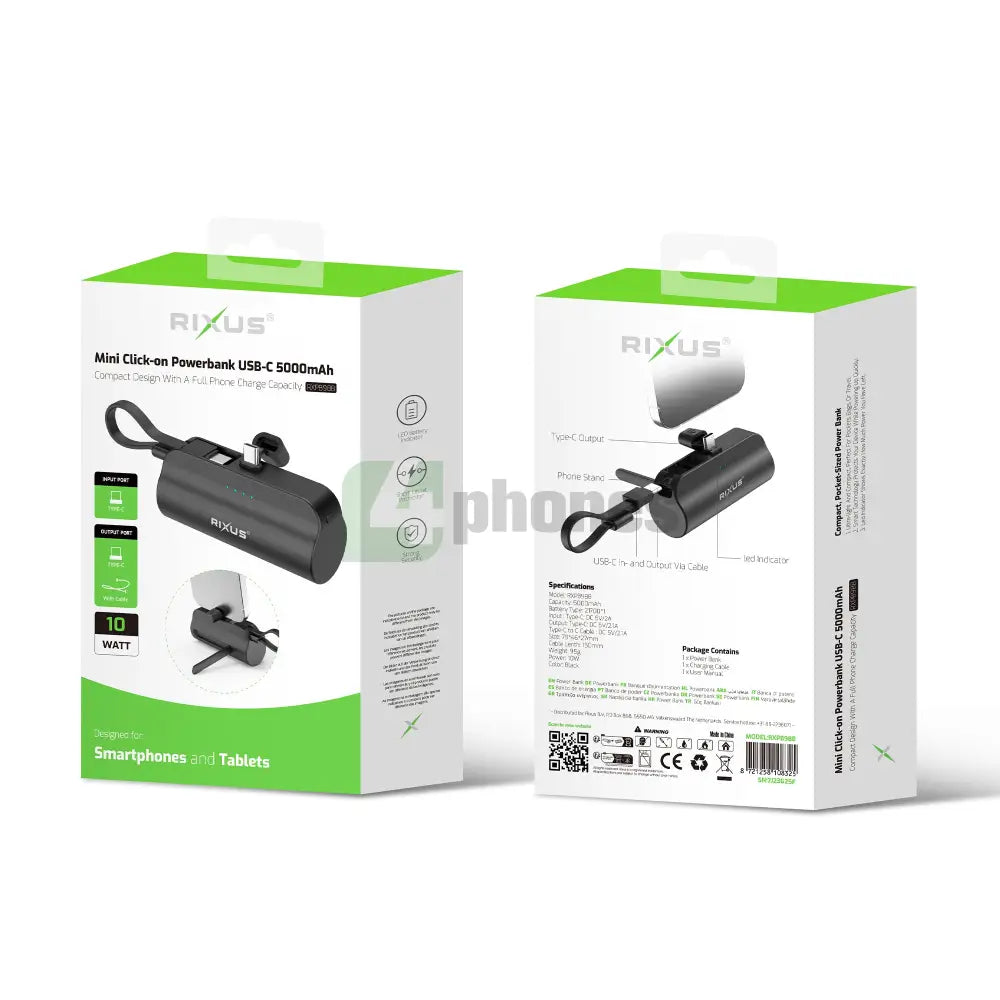 Rixus RXPB98B Mini Click-On Powerbank USB-C 5000mAh Black Powerbank