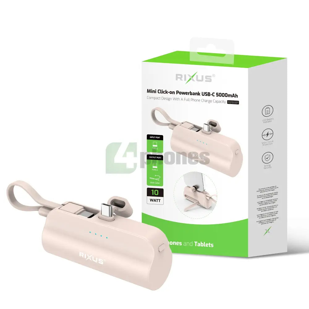 Rixus RXPB98P Mini Click-On Powerbank USB-C 5000mAh Pink Powerbank