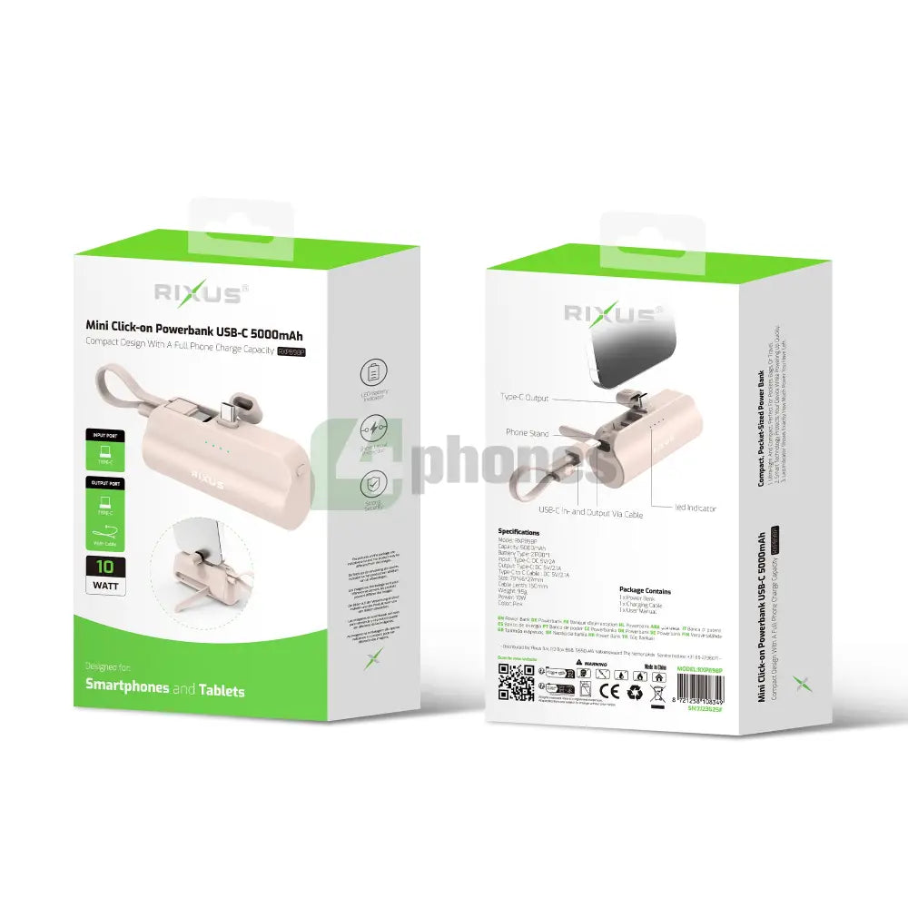 Rixus RXPB98P Mini Click-On Powerbank USB-C 5000mAh Pink Powerbank