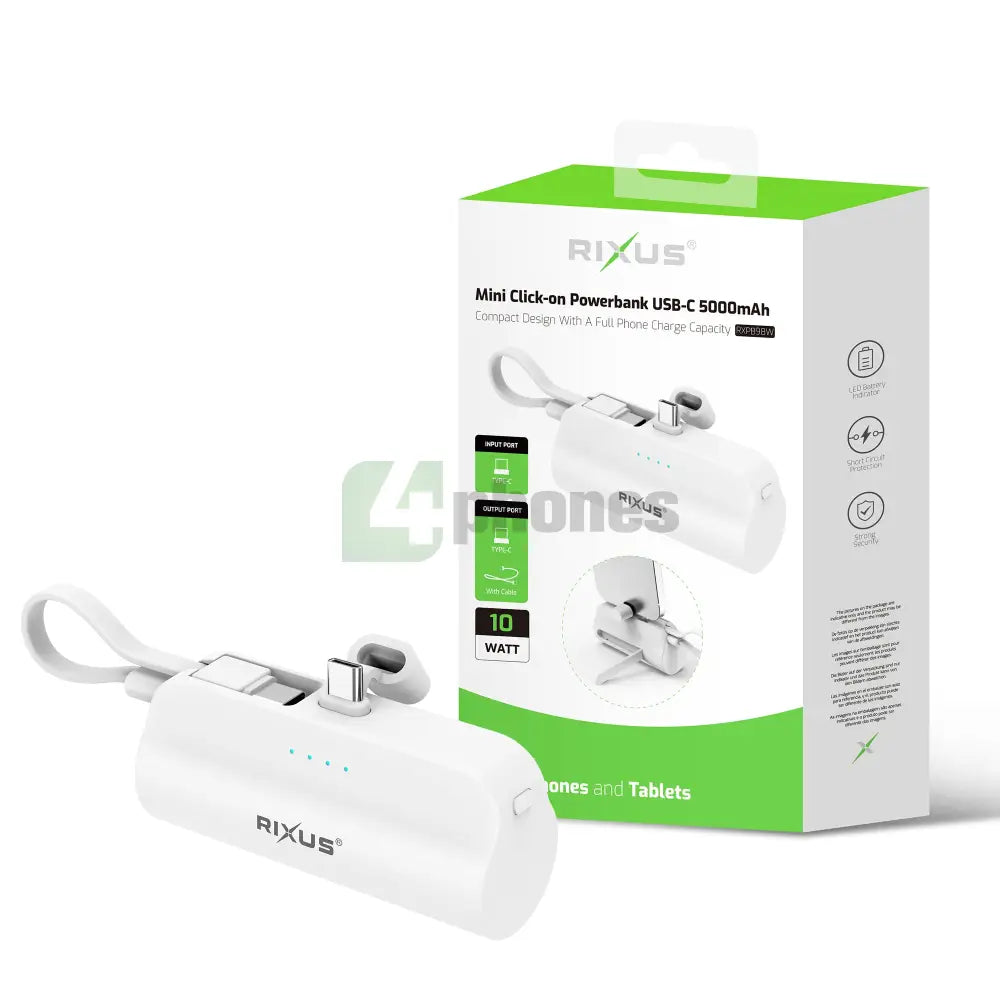 Rixus RXPB98W Mini Click-On Powerbank USB-C 5000mAh White Powerbank