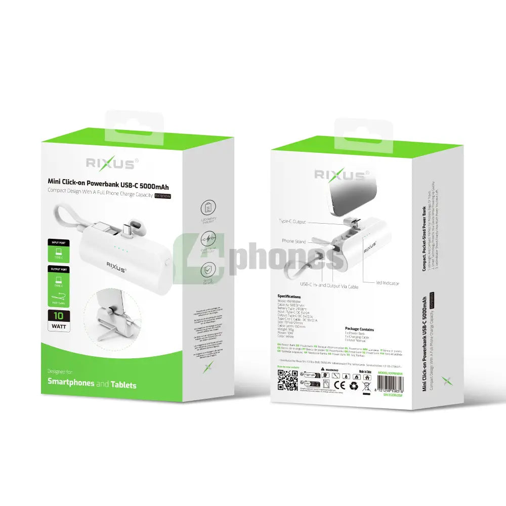 Rixus RXPB98W Mini Click-On Powerbank USB-C 5000mAh White Powerbank